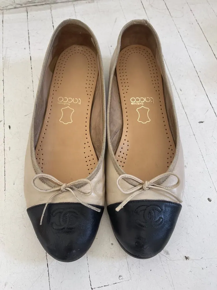 After: the same Chanel flats restored and re-soled